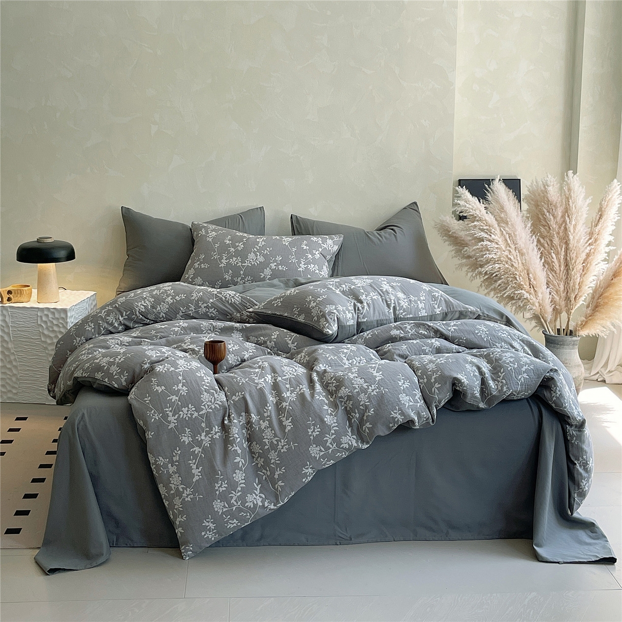 91家纺网 家纺一手货源 找家纺 佰亿莱 2026新款棉麻双层纱四件套第二批 南枝-云灰