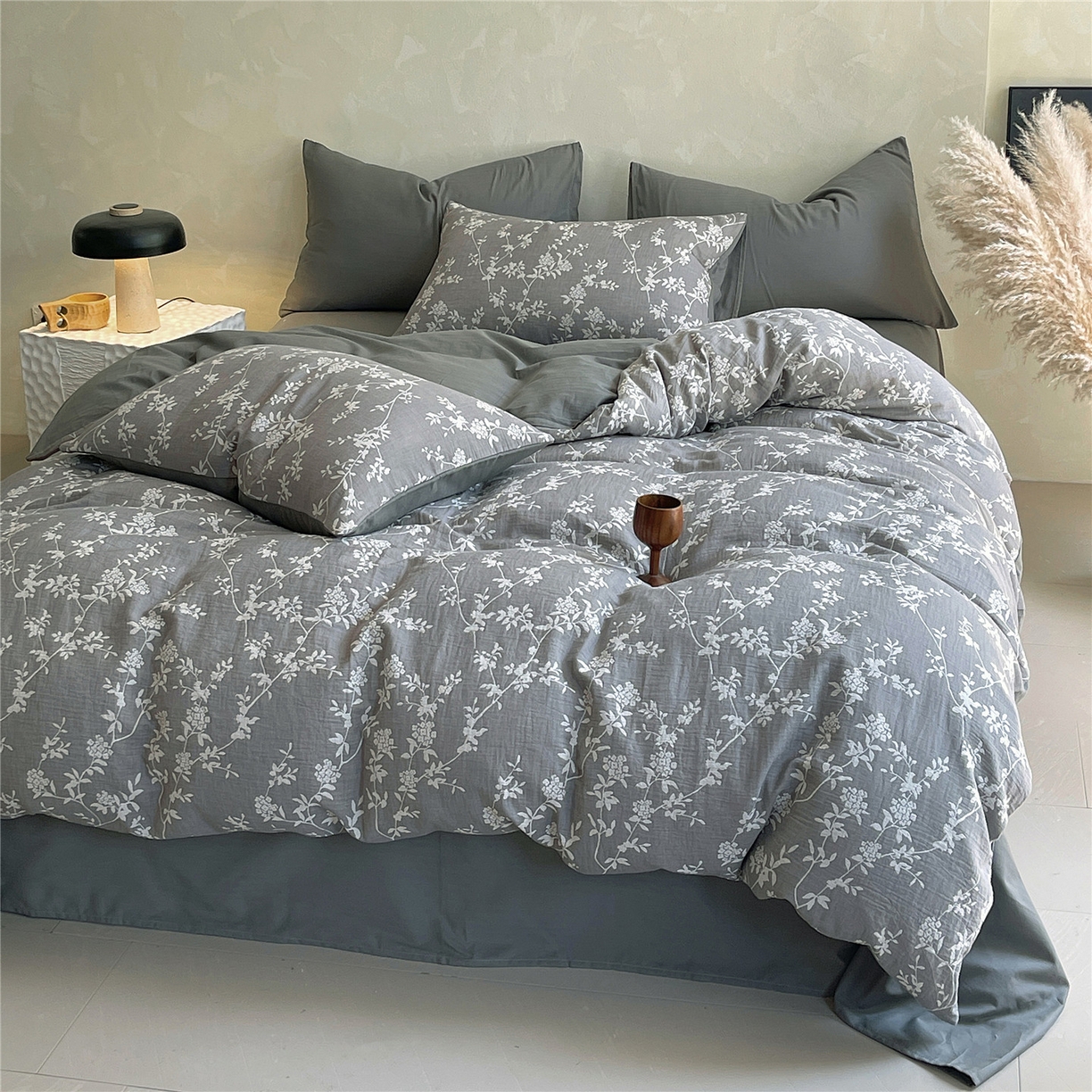 91家纺网 家纺一手货源 找家纺 佰亿莱 2026新款棉麻双层纱四件套第二批 南枝-云灰