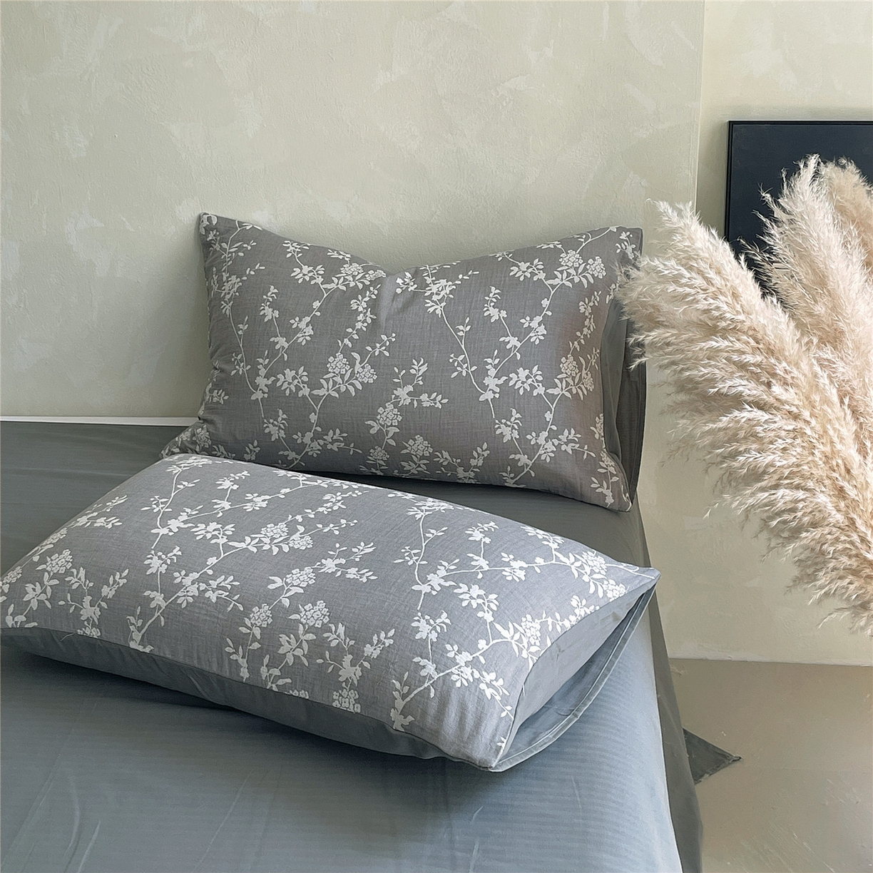 91家纺网 家纺一手货源 找家纺 佰亿莱 2026新款棉麻双层纱四件套第二批 南枝-云灰