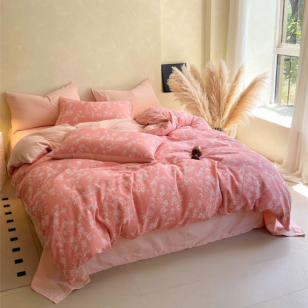 91家纺网 家纺一手货源 找家纺 佰亿莱 2026新款棉麻双层纱四件套第二批 南枝-粉