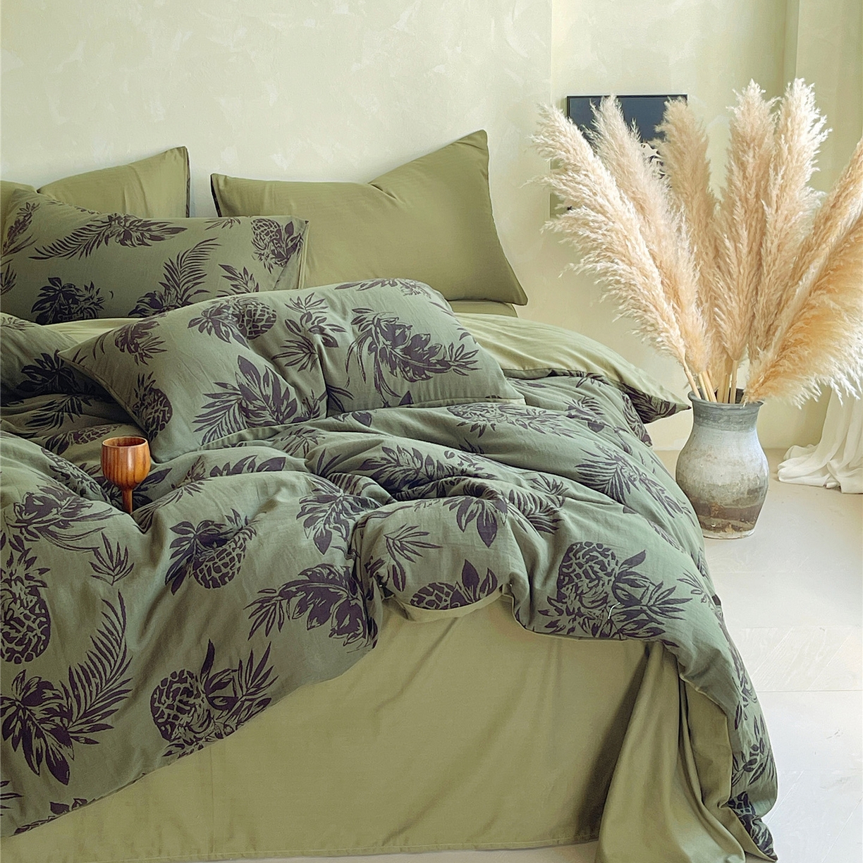 91家纺网 家纺一手货源 找家纺 佰亿莱 2026新款棉麻双层纱四件套第二批 夏日森林-绿