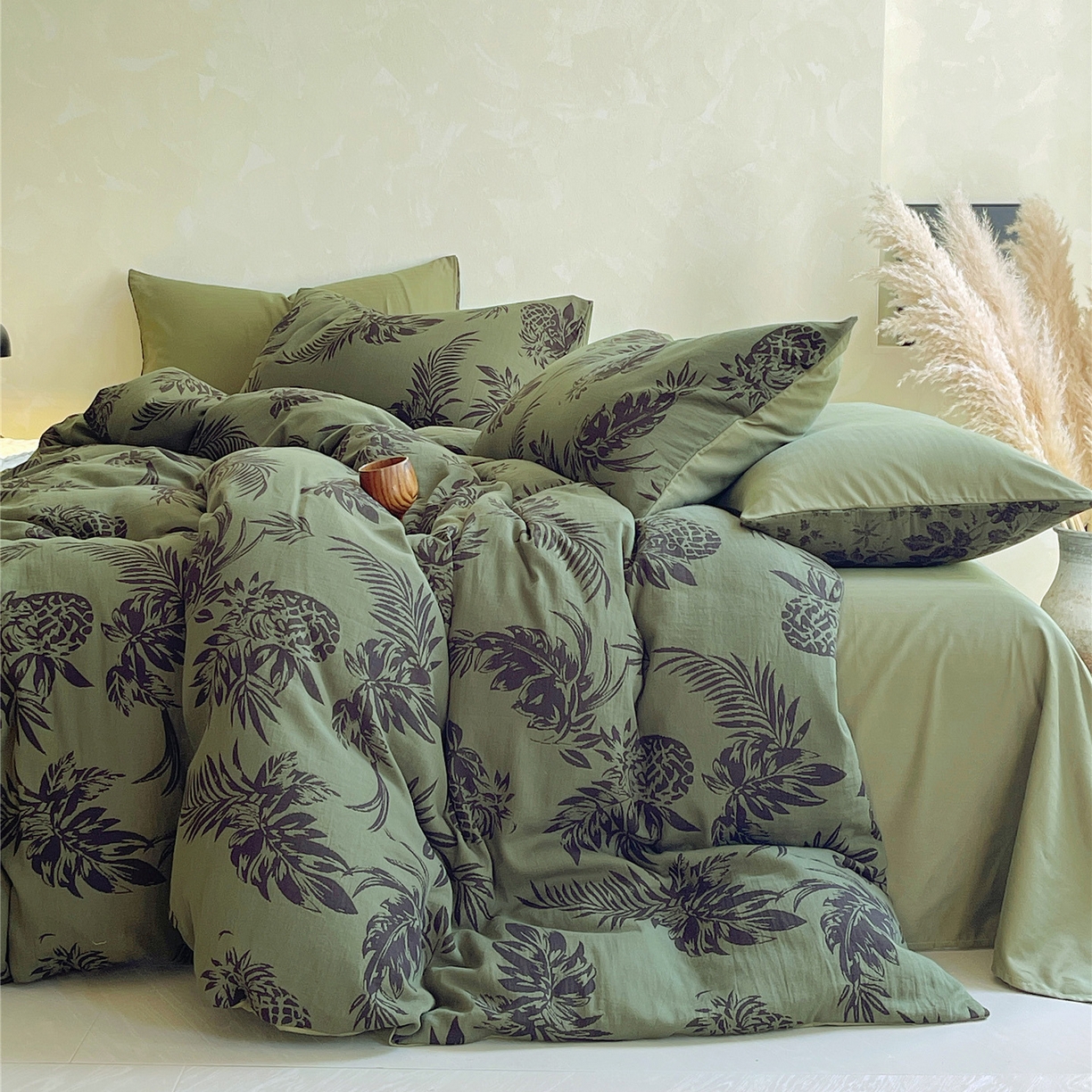 91家纺网 家纺一手货源 找家纺 佰亿莱 2026新款棉麻双层纱四件套第二批 夏日森林-绿