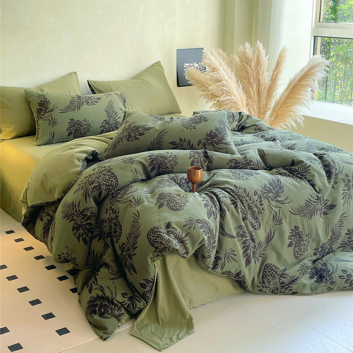 91家纺网 家纺一手货源 找家纺 佰亿莱 2026新款棉麻双层纱四件套第二批 夏日森林-绿