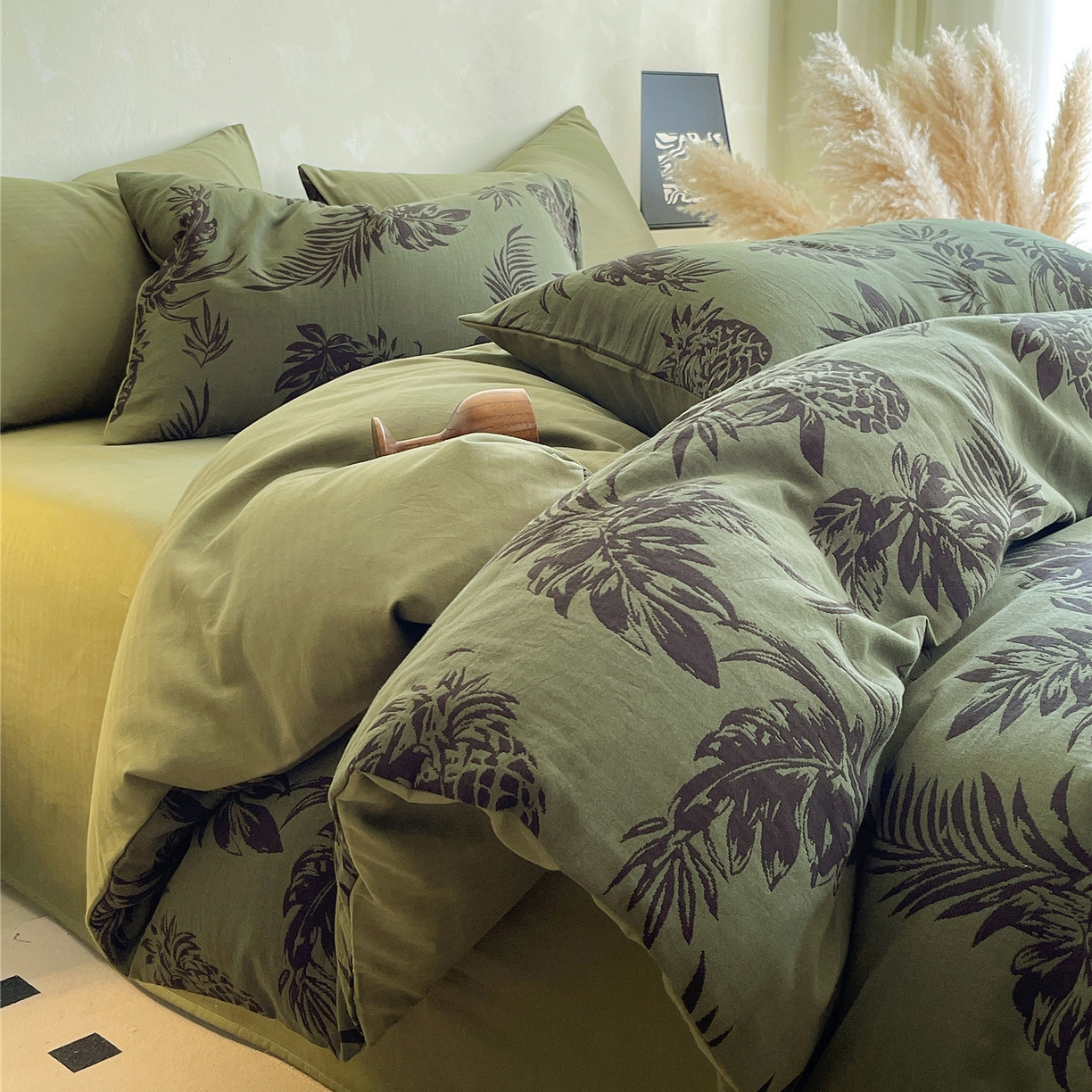 91家纺网 家纺一手货源 找家纺 佰亿莱 2026新款棉麻双层纱四件套第二批 夏日森林-绿