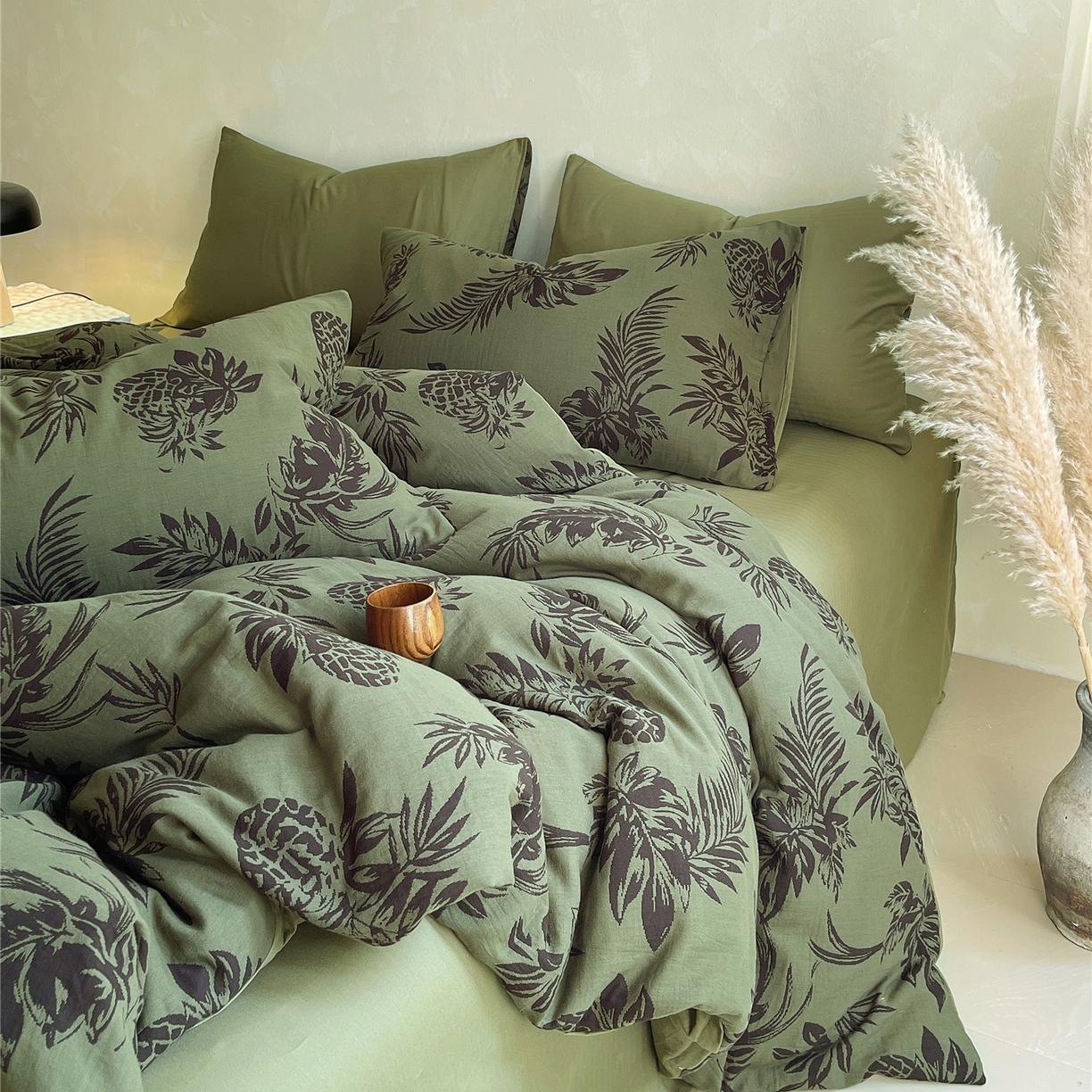 91家纺网 家纺一手货源 找家纺 佰亿莱 2026新款棉麻双层纱四件套第二批 夏日森林-绿