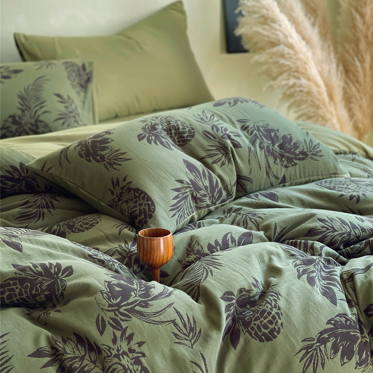 91家纺网 家纺一手货源 找家纺 佰亿莱 2026新款棉麻双层纱四件套第二批 夏日森林-绿