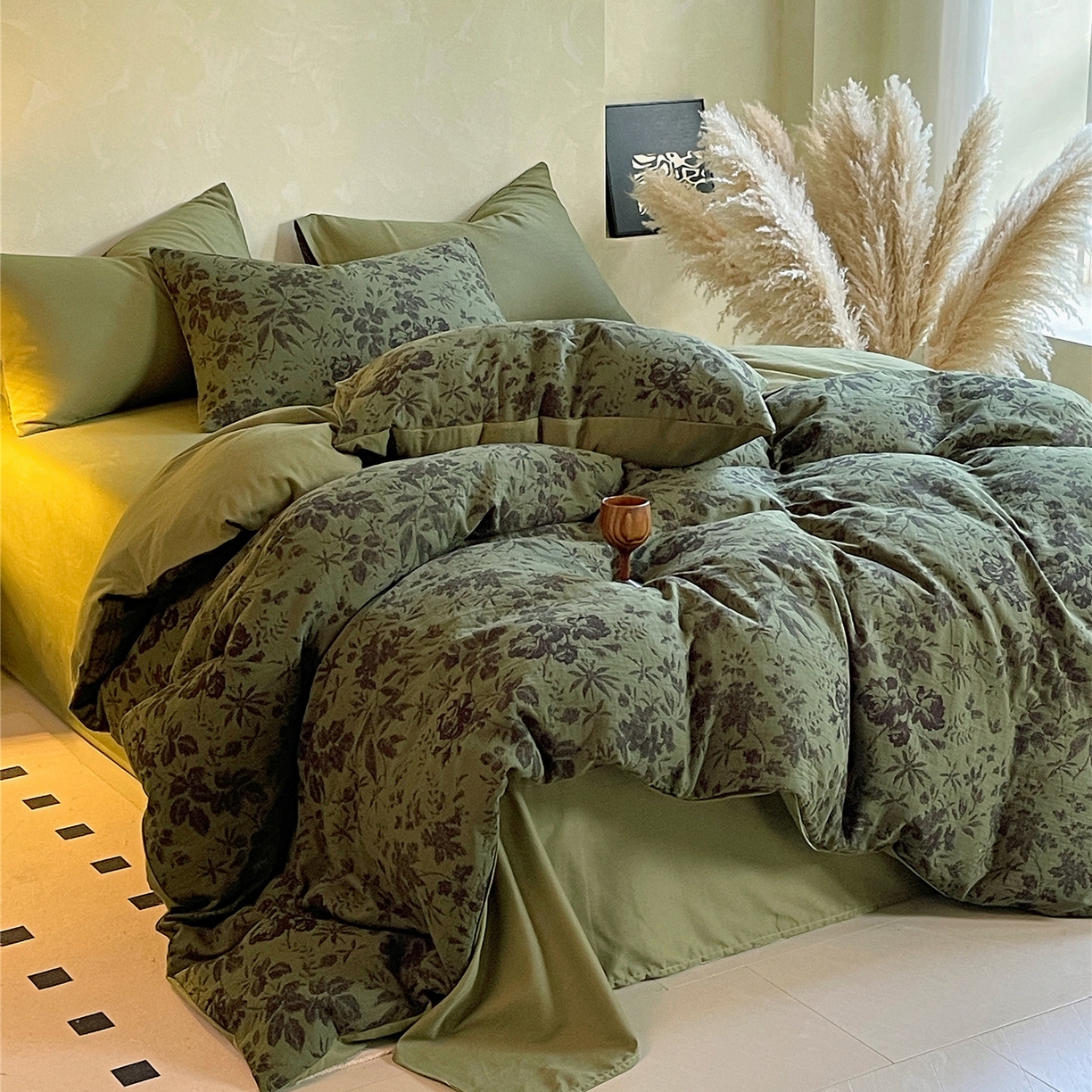 91家纺网 家纺一手货源 找家纺 佰亿莱 2026新款棉麻双层纱四件套第二批 青黛-森林绿