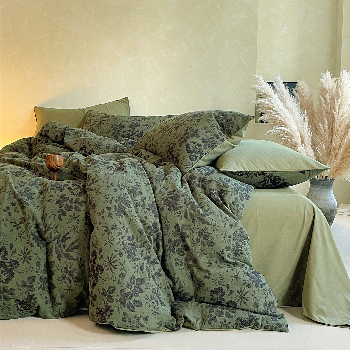 91家纺网 家纺一手货源 找家纺 佰亿莱 2026新款棉麻双层纱四件套第二批 青黛-森林绿