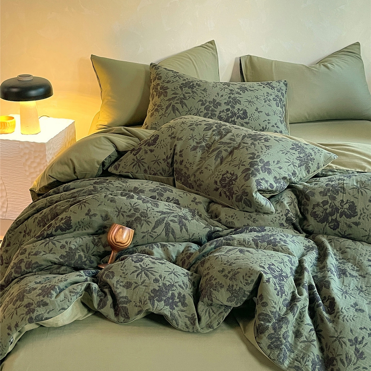 91家纺网 家纺一手货源 找家纺 佰亿莱 2026新款棉麻双层纱四件套第二批 青黛-森林绿