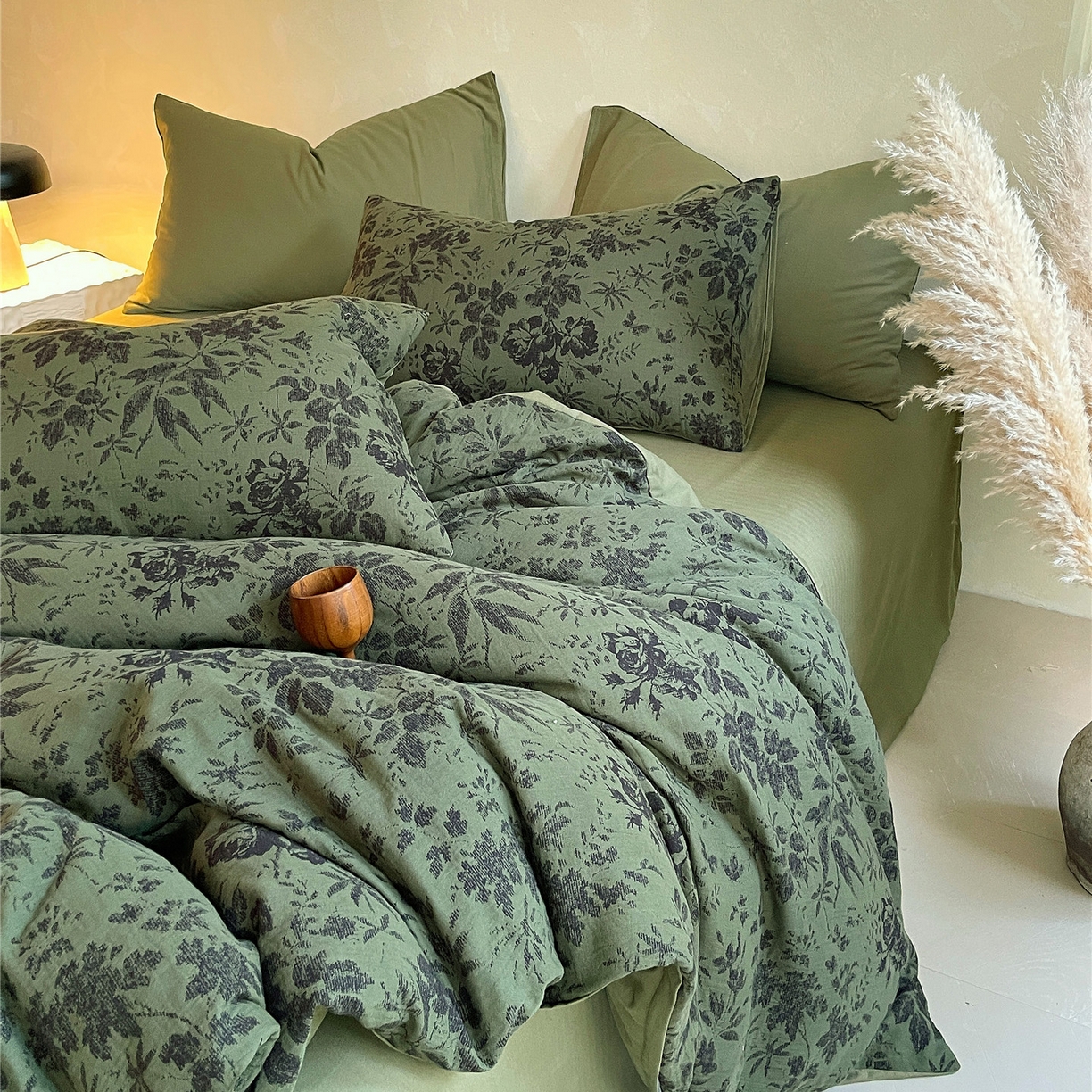 91家纺网 家纺一手货源 找家纺 佰亿莱 2026新款棉麻双层纱四件套第二批 青黛-森林绿