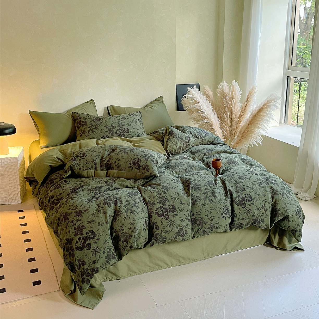 91家纺网 家纺一手货源 找家纺 佰亿莱 2026新款棉麻双层纱四件套第二批 青黛-森林绿