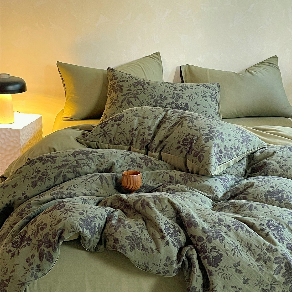 91家纺网 家纺一手货源 找家纺 佰亿莱 2026新款棉麻双层纱四件套第二批 青黛-森林绿