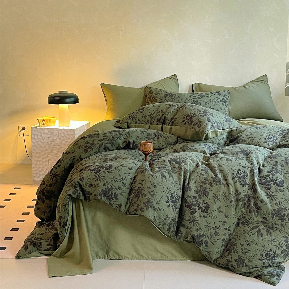 91家纺网 家纺一手货源 找家纺 佰亿莱 2026新款棉麻双层纱四件套第二批 青黛-森林绿