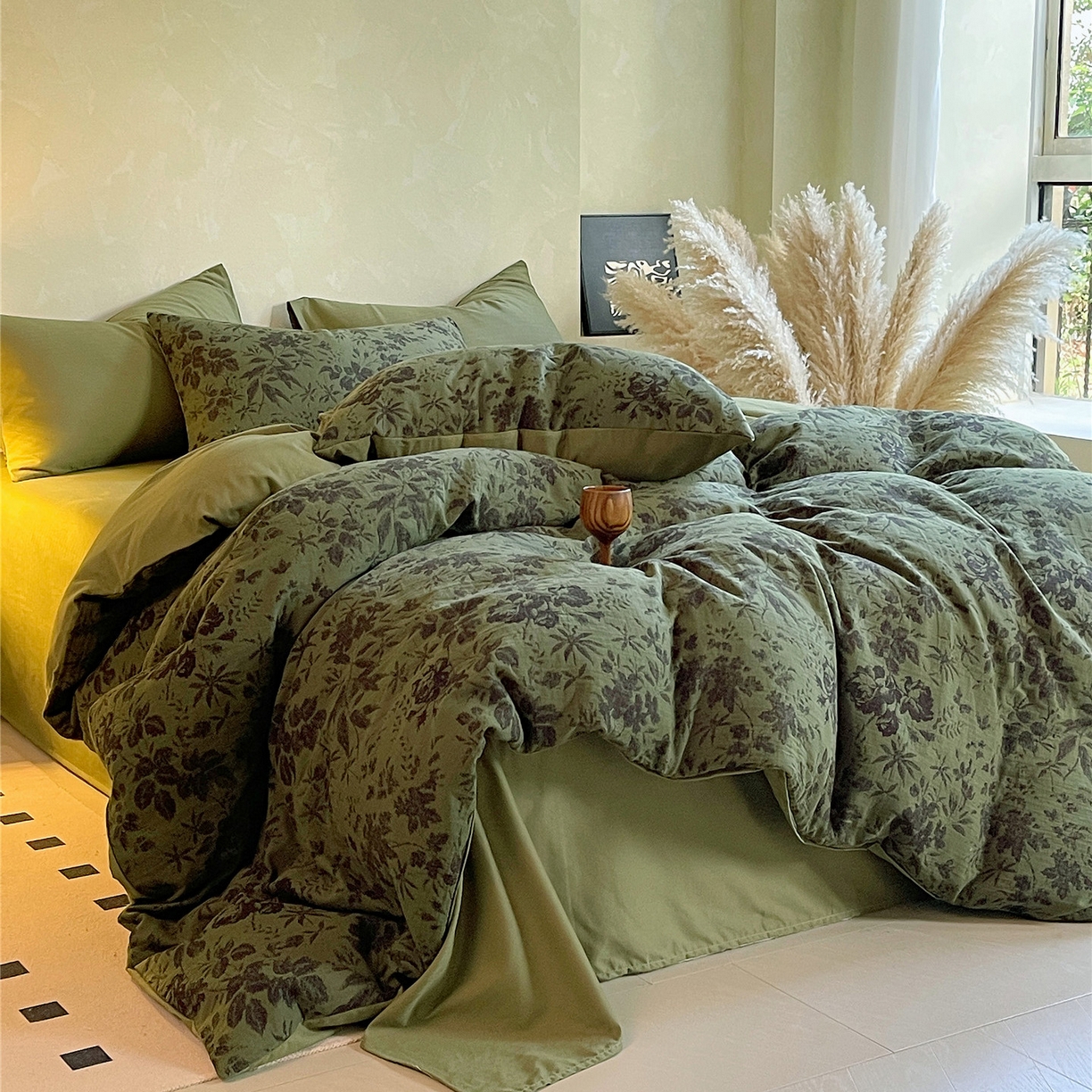 91家纺网 家纺一手货源 找家纺 佰亿莱 2026新款棉麻双层纱四件套第二批 青黛-森林绿