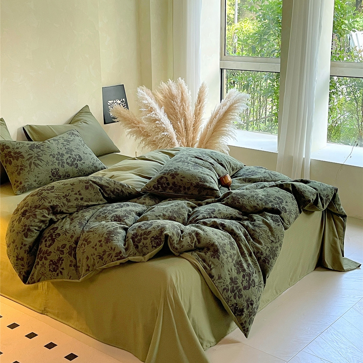 91家纺网 家纺一手货源 找家纺 佰亿莱 2026新款棉麻双层纱四件套第二批 青黛-森林绿