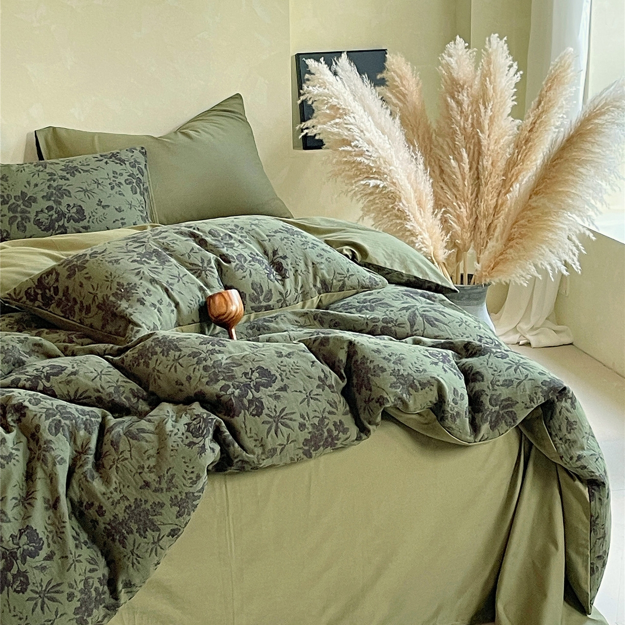 91家纺网 家纺一手货源 找家纺 佰亿莱 2026新款棉麻双层纱四件套第二批 青黛-森林绿