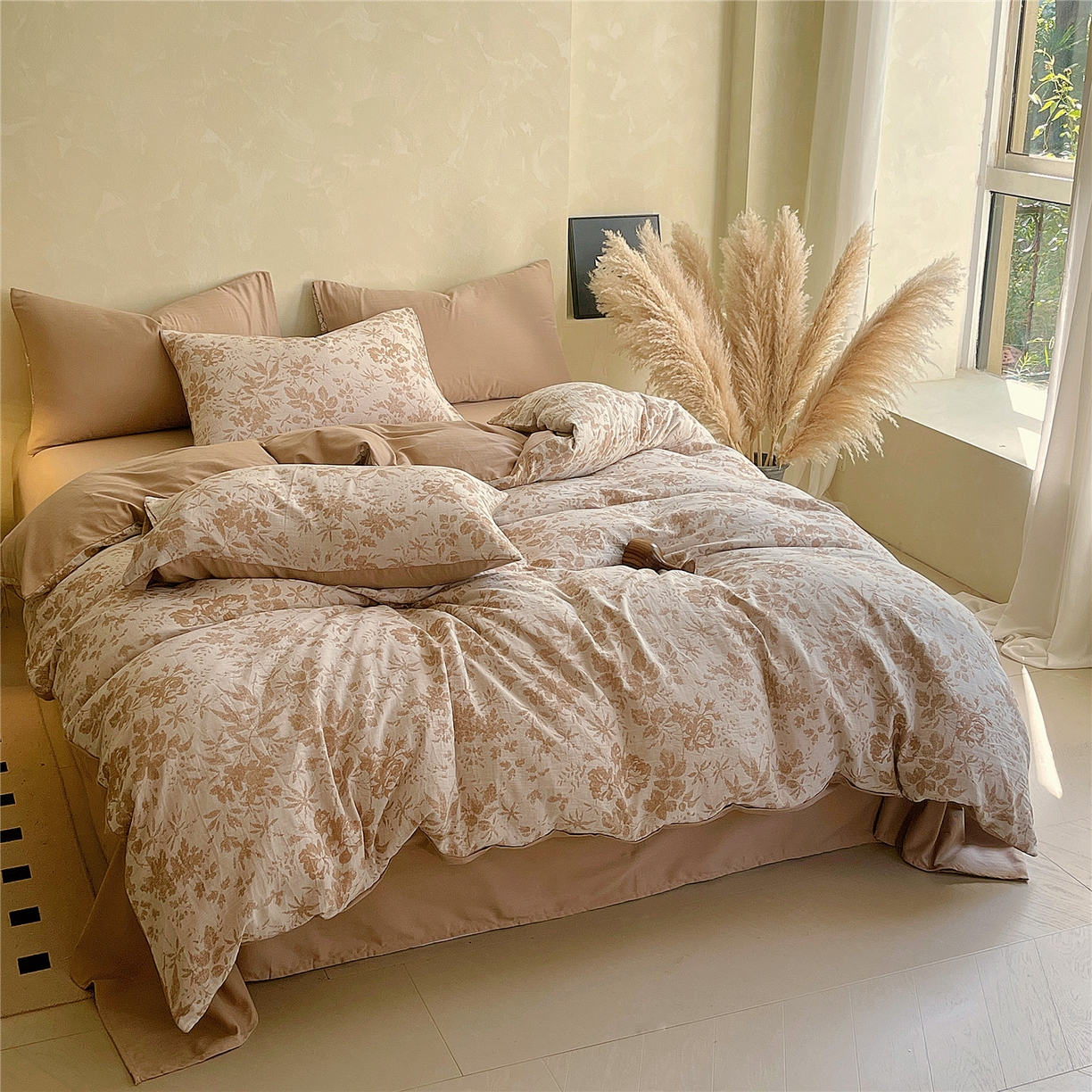 91家纺网 家纺一手货源 找家纺 佰亿莱 2026新款棉麻双层纱四件套第二批 青黛-卡其