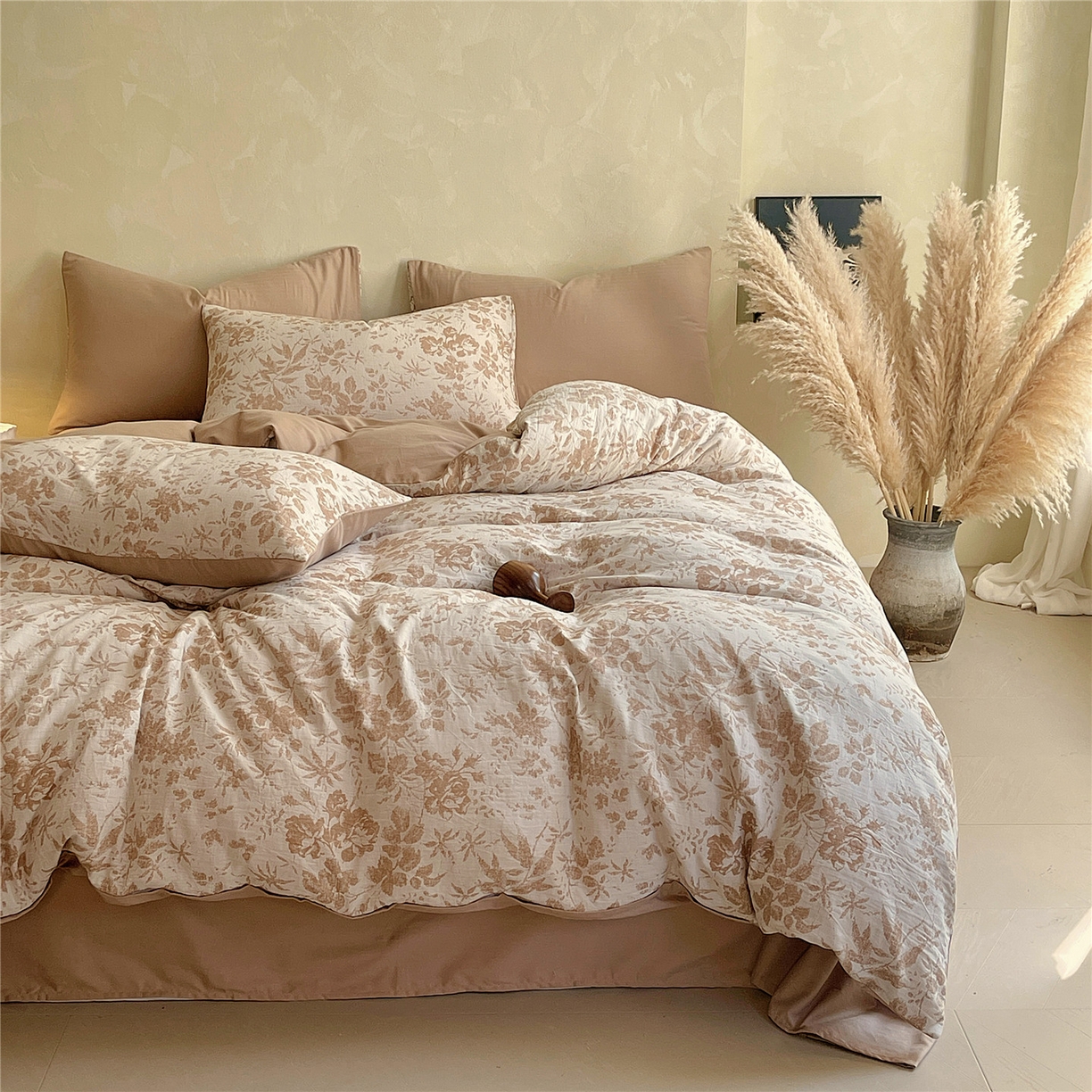 91家纺网 家纺一手货源 找家纺 佰亿莱 2026新款棉麻双层纱四件套第二批 青黛-卡其