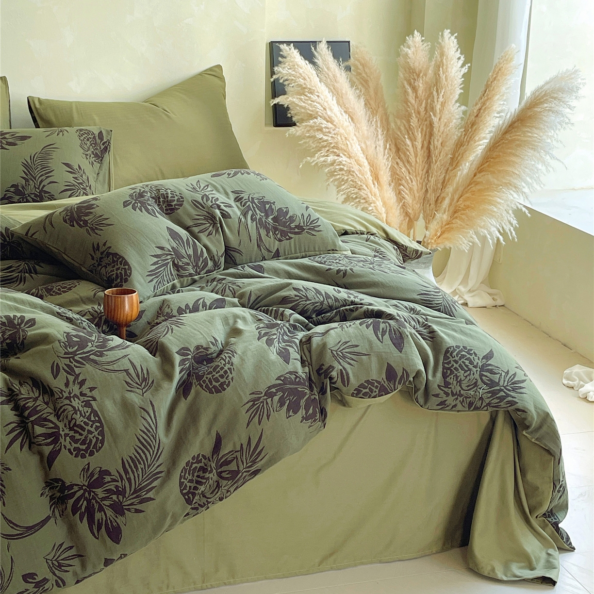 91家纺网 家纺一手货源 找家纺 佰亿莱 2026新款棉麻双层纱四件套第二批 夏日森林-绿