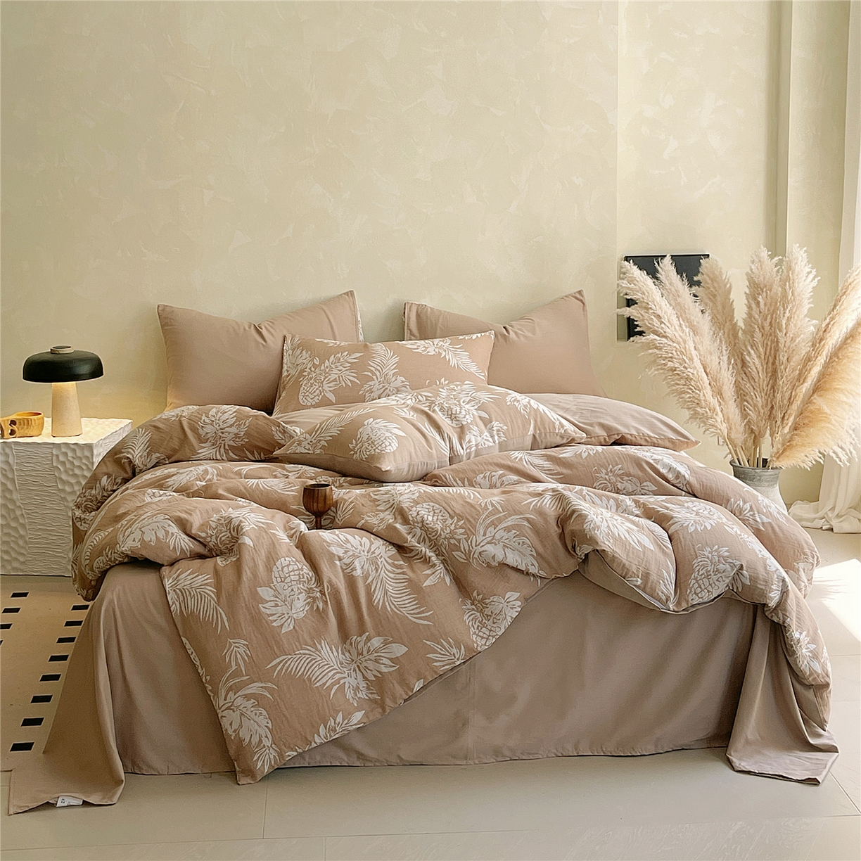 91家纺网 家纺一手货源 找家纺 佰亿莱 2026新款棉麻双层纱四件套第二批 夏日森林-卡其