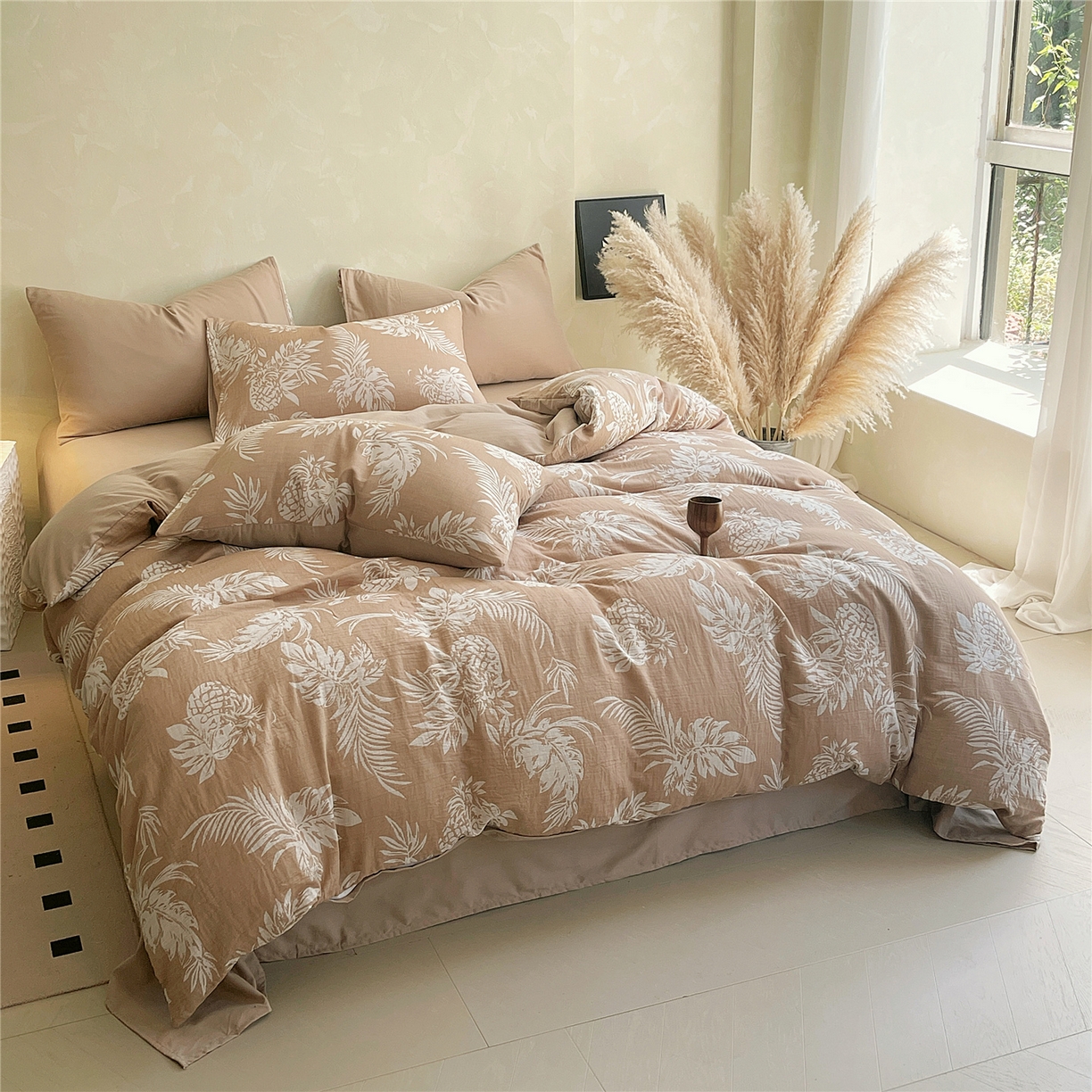 91家纺网 家纺一手货源 找家纺 佰亿莱 2026新款棉麻双层纱四件套第二批 夏日森林-卡其