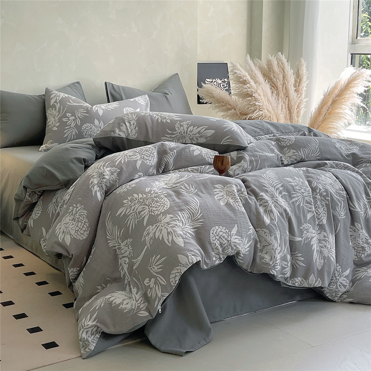 91家纺网 家纺一手货源 找家纺 佰亿莱 2026新款棉麻双层纱四件套第二批 夏日森林-灰