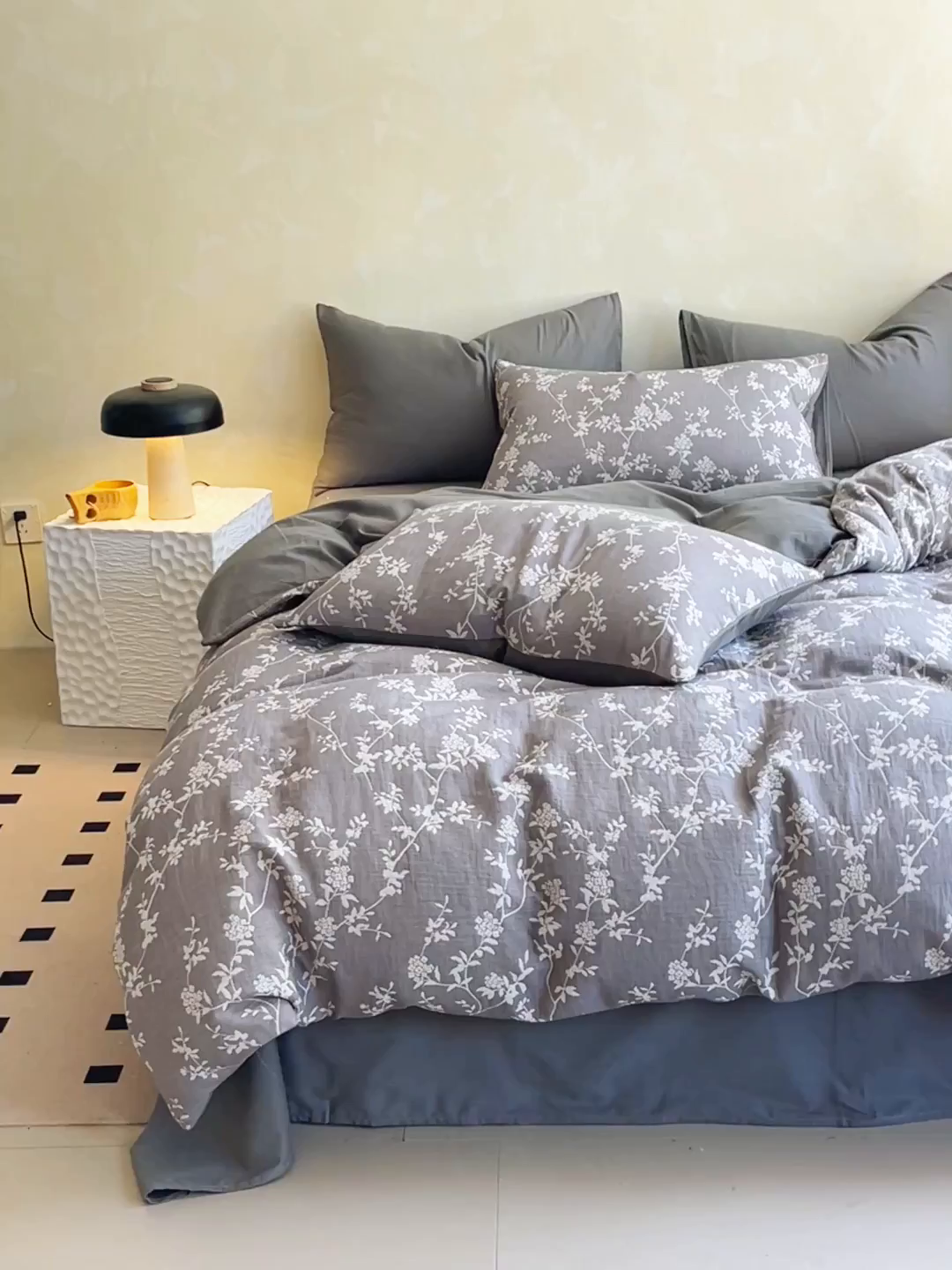 91家纺网 家纺一手货源 找家纺 佰亿莱 2026新款棉麻双层纱四件套第二批 南枝-云灰