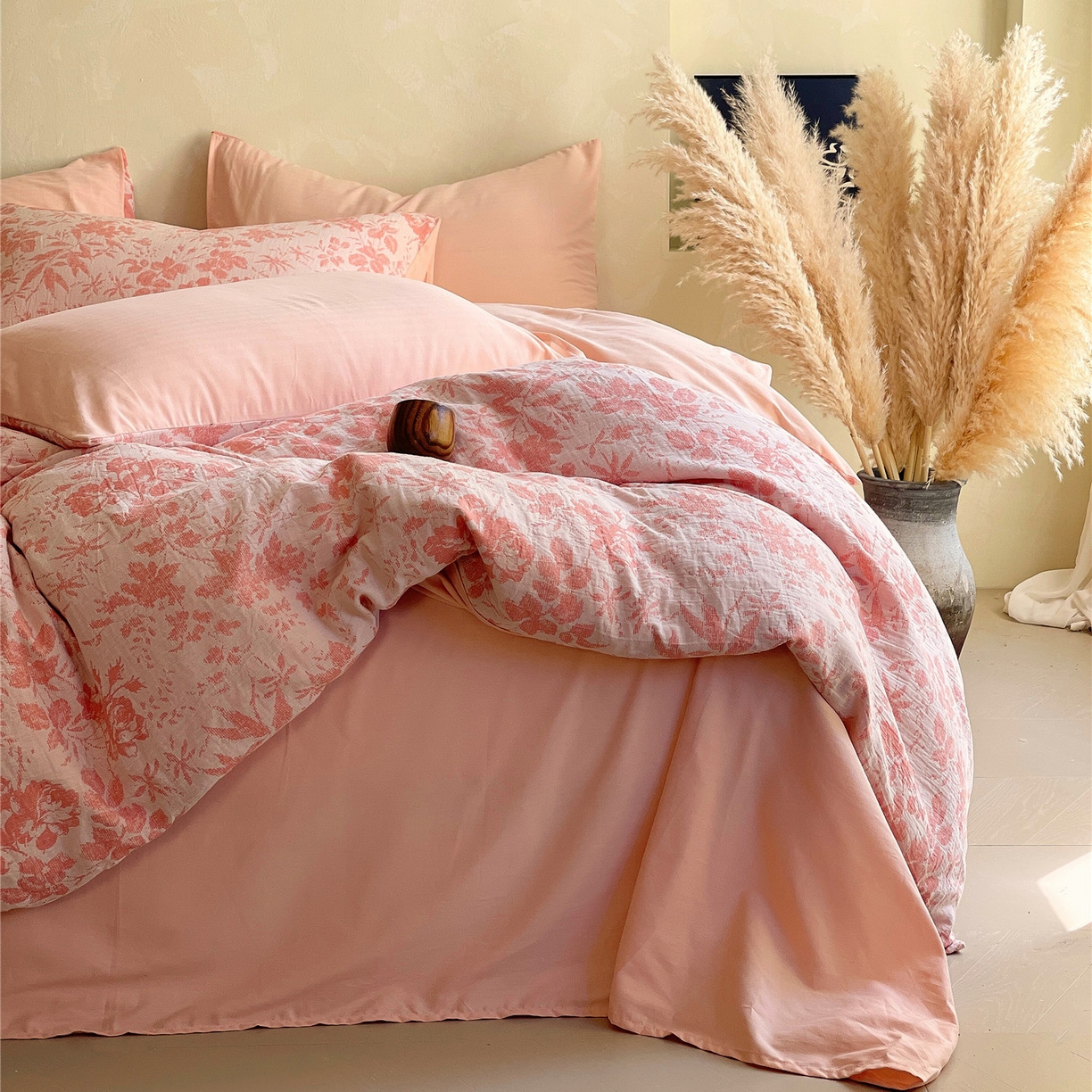 91家纺网 家纺一手货源 找家纺 佰亿莱 2026新款棉麻双层纱四件套第二批 青黛-仙女粉