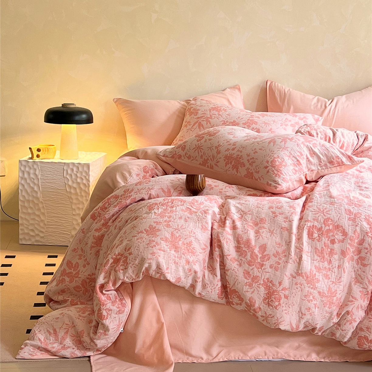 91家纺网 家纺一手货源 找家纺 佰亿莱 2026新款棉麻双层纱四件套第二批 青黛-仙女粉