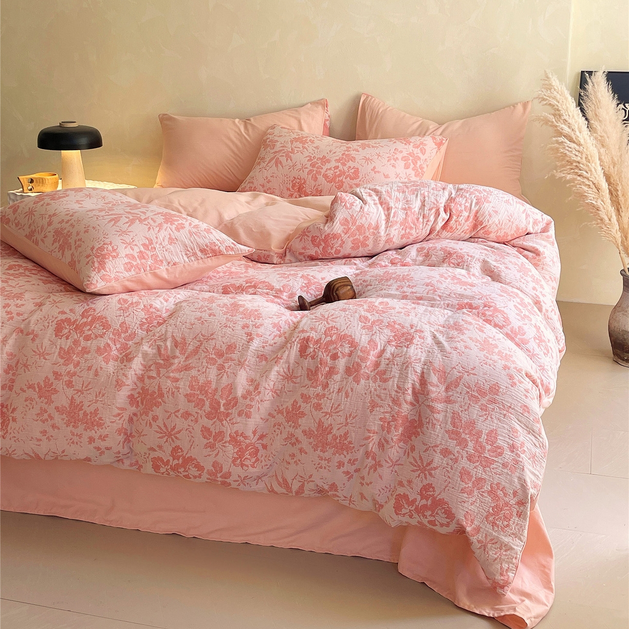 91家纺网 家纺一手货源 找家纺 佰亿莱 2026新款棉麻双层纱四件套第二批 青黛-仙女粉