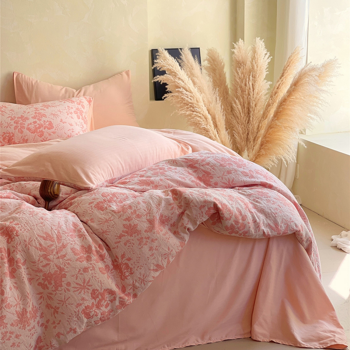 91家纺网 家纺一手货源 找家纺 佰亿莱 2026新款棉麻双层纱四件套第二批 青黛-仙女粉