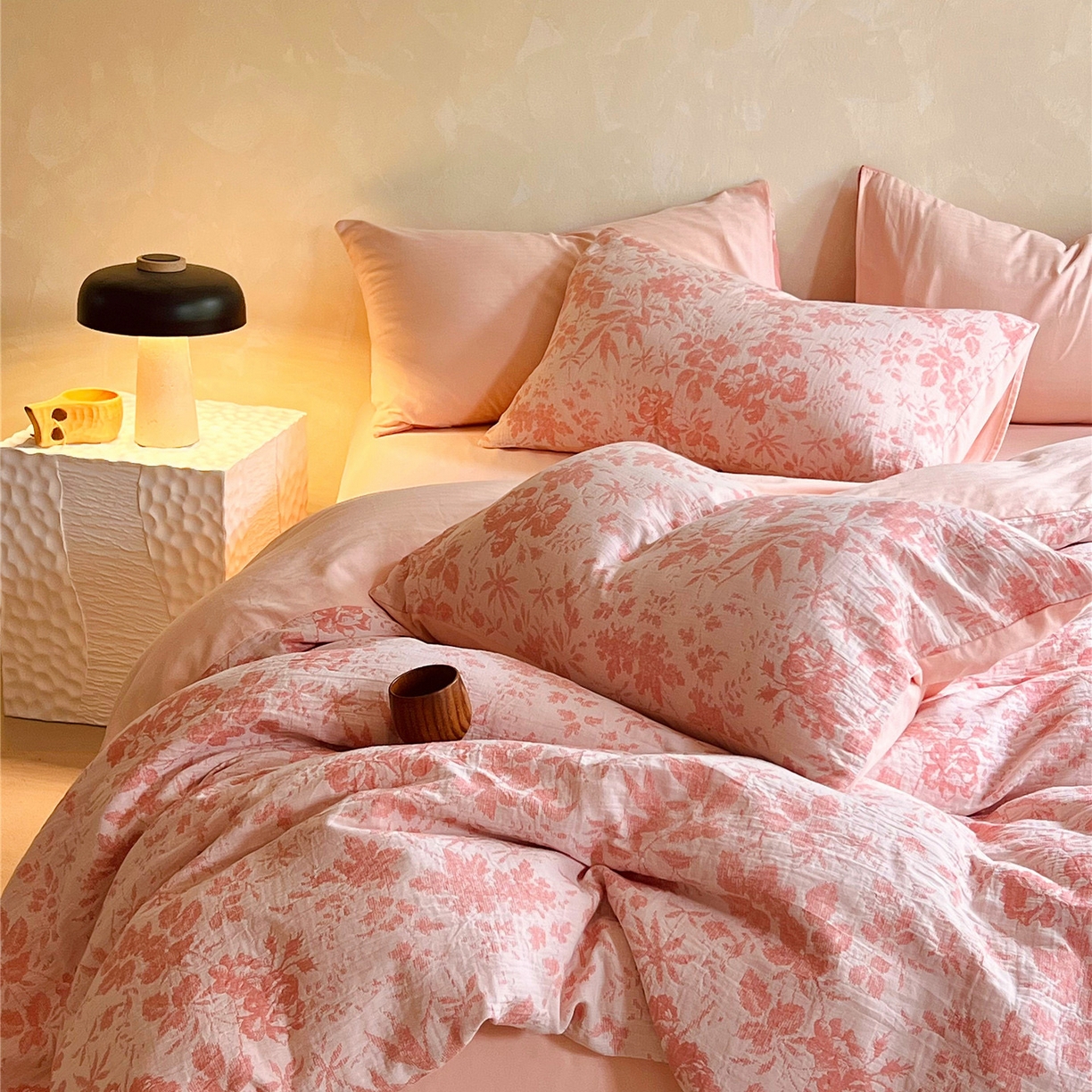 91家纺网 家纺一手货源 找家纺 佰亿莱 2026新款棉麻双层纱四件套第二批 青黛-仙女粉