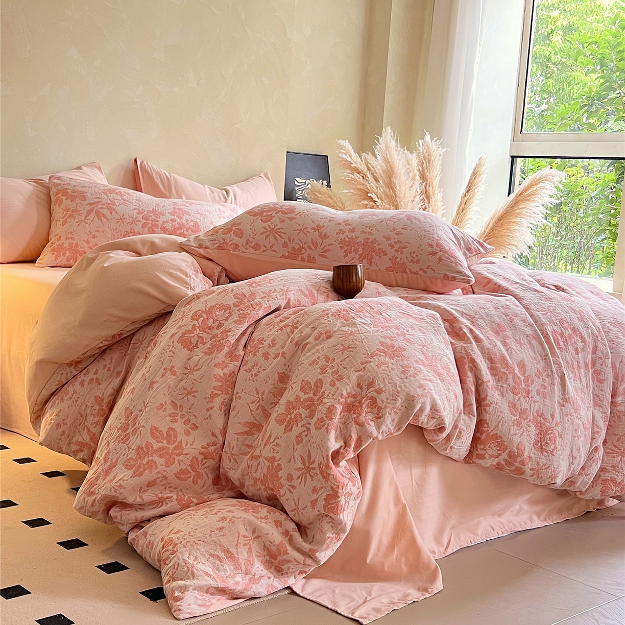 91家纺网 家纺一手货源 找家纺 佰亿莱 2026新款棉麻双层纱四件套第二批 青黛-仙女粉