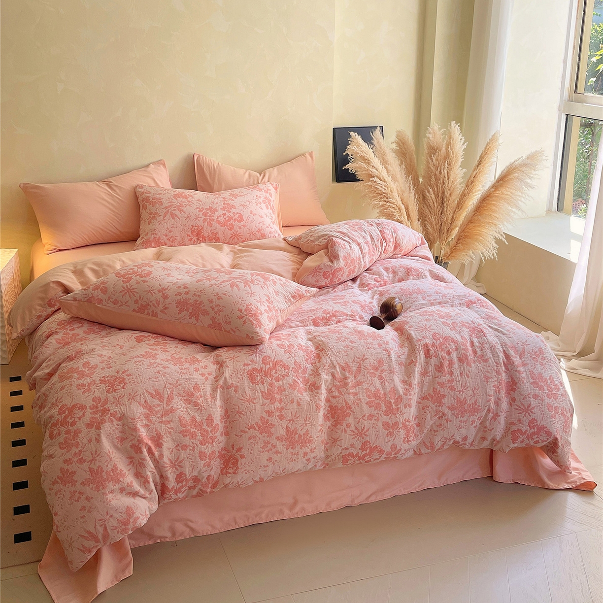 91家纺网 家纺一手货源 找家纺 佰亿莱 2026新款棉麻双层纱四件套第二批 青黛-仙女粉