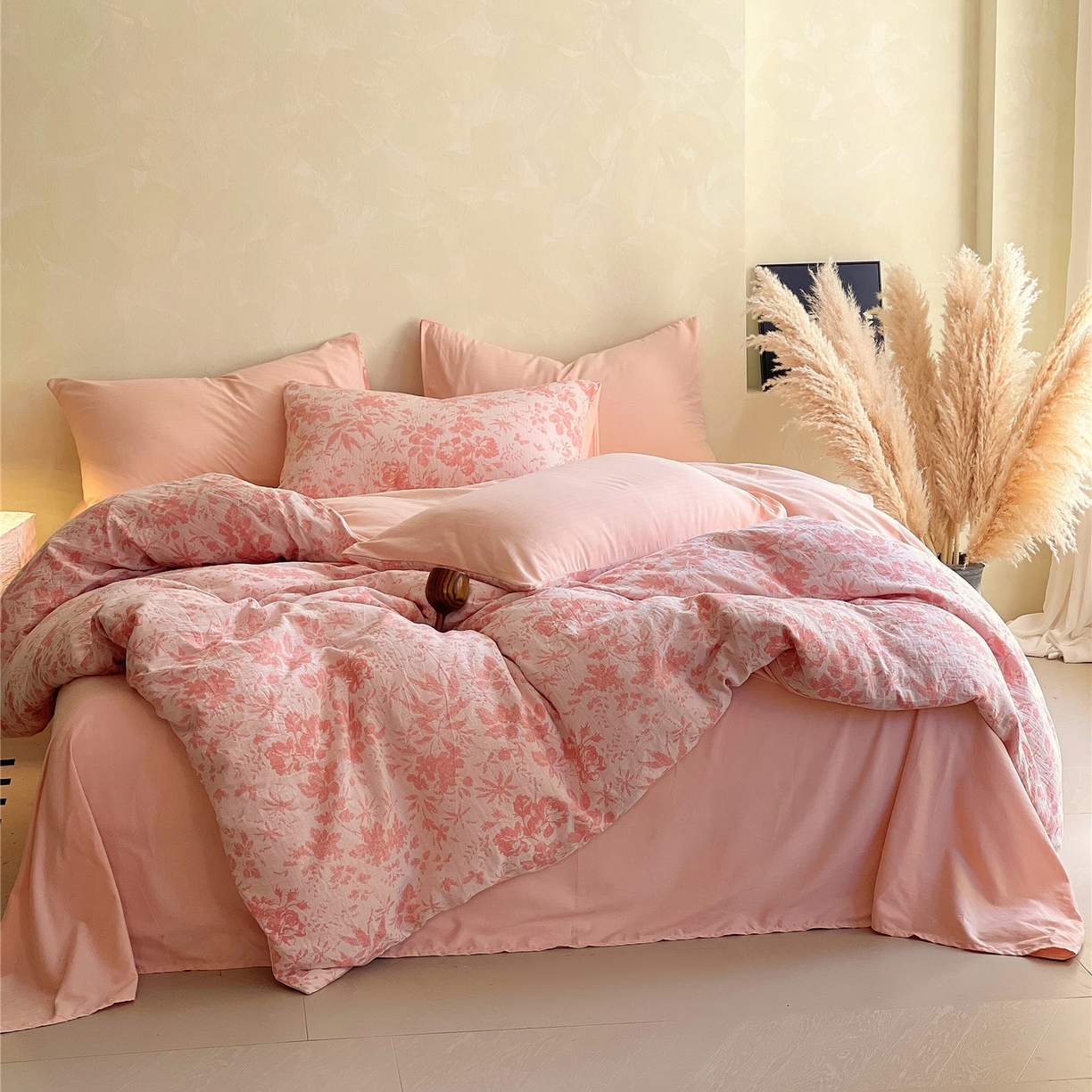 91家纺网 家纺一手货源 找家纺 佰亿莱 2026新款棉麻双层纱四件套第二批 青黛-仙女粉