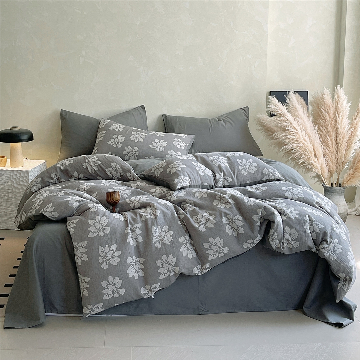 91家纺网 家纺一手货源 找家纺 佰亿莱 2026新款棉麻双层纱四件套第二批 春屿-灰