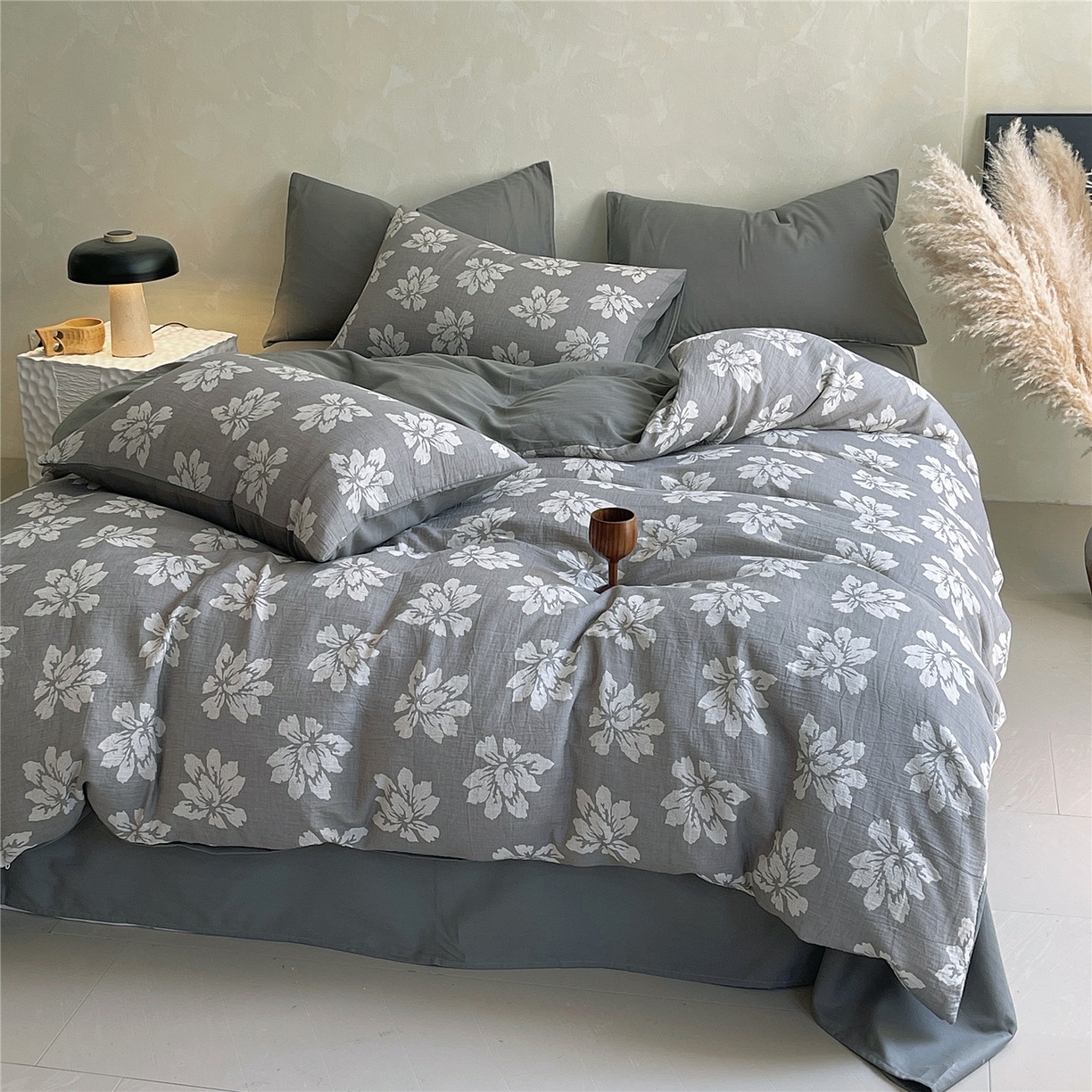 91家纺网 家纺一手货源 找家纺 佰亿莱 2026新款棉麻双层纱四件套第二批 春屿-灰