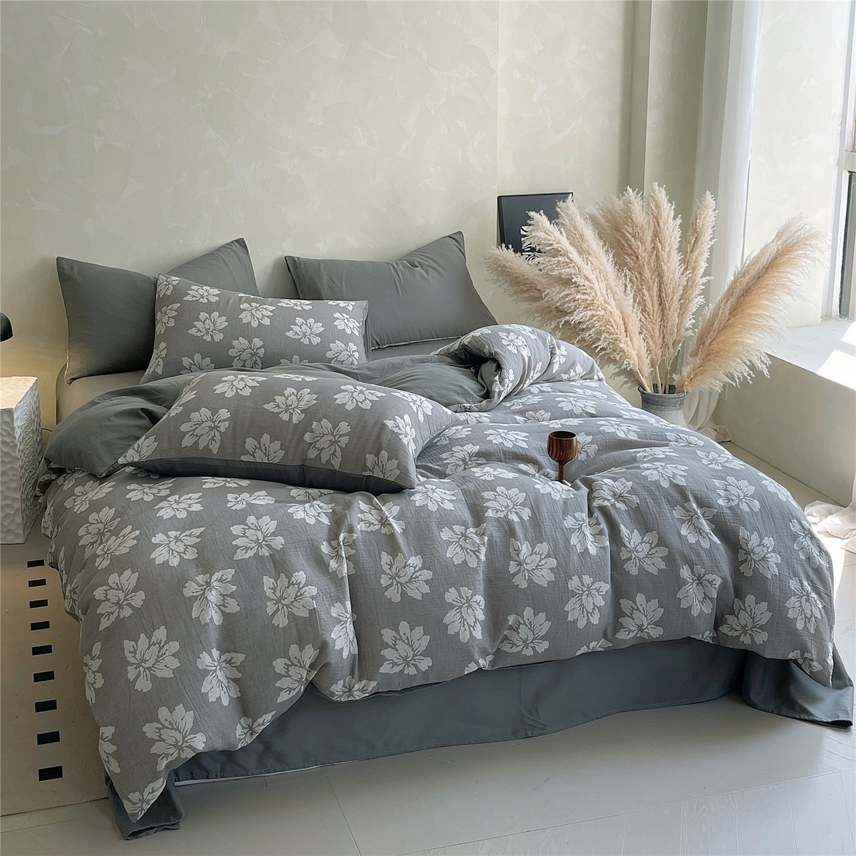 91家纺网 家纺一手货源 找家纺 佰亿莱 2026新款棉麻双层纱四件套第二批 春屿-灰