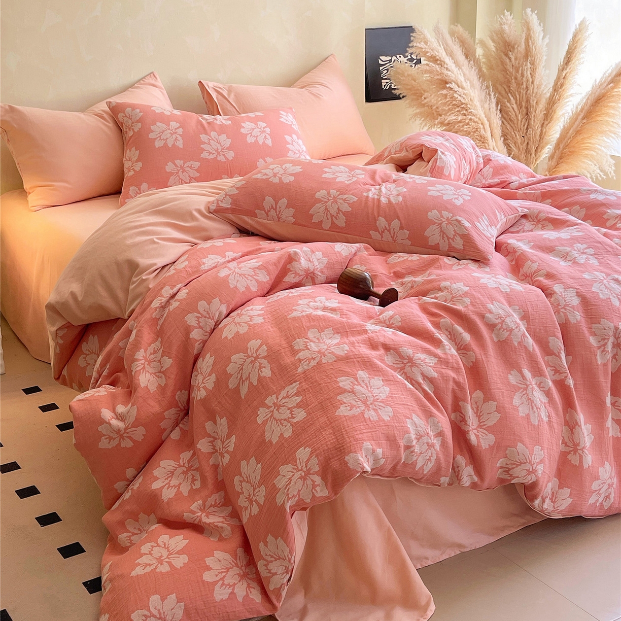 91家纺网 家纺一手货源 找家纺 佰亿莱 2026新款棉麻双层纱四件套第二批 春屿