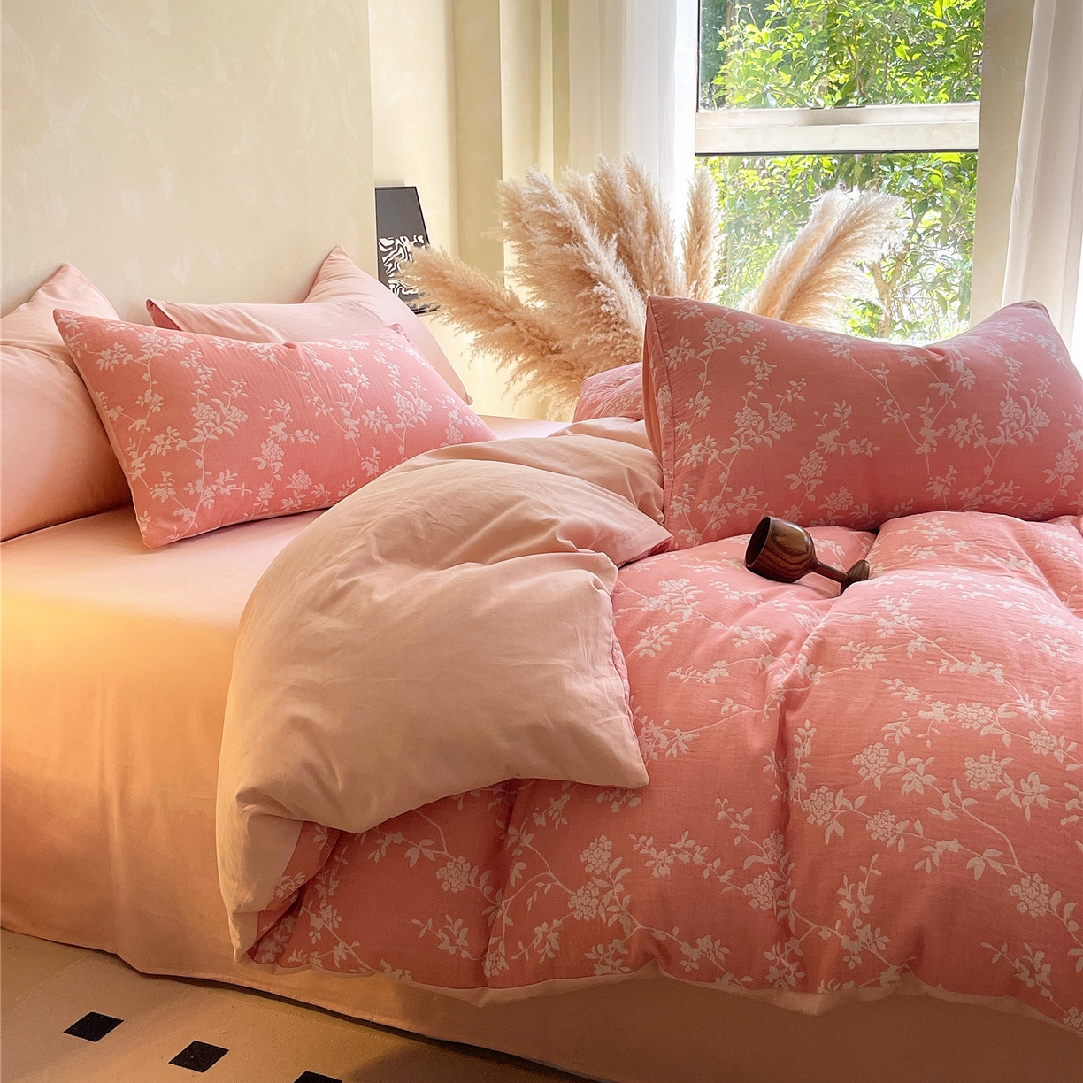 91家纺网 家纺一手货源 找家纺 佰亿莱 2026新款棉麻双层纱四件套第二批 南枝-粉