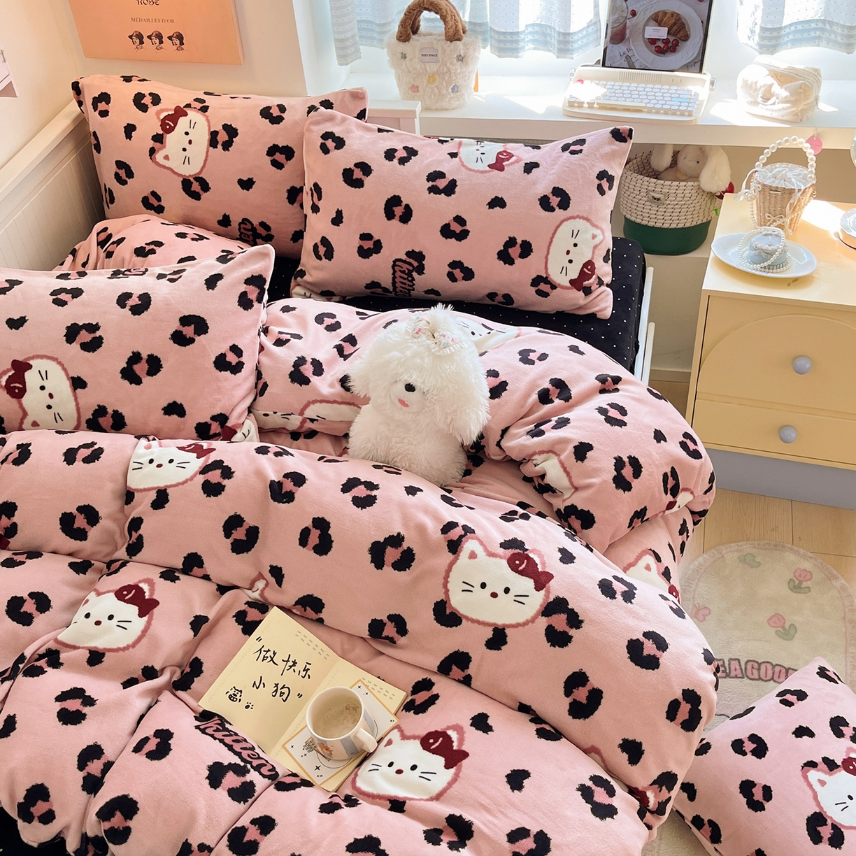 91家纺网 家纺一手货源 找家纺 （总）桃子家居 2025新款A类ins小清新少女奶油卡通可爱加厚牛奶绒四件套