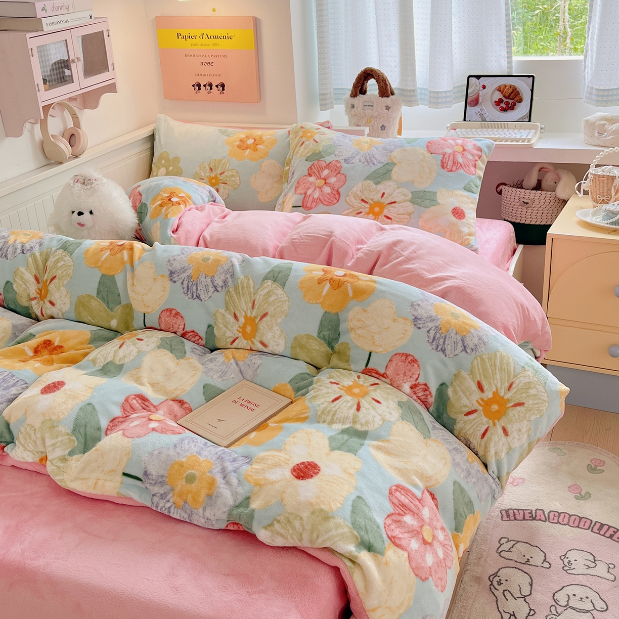 91家纺网 家纺一手货源 找家纺 （总）桃子家居 2025新款A类ins小清新少女奶油卡通可爱加厚牛奶绒四件套