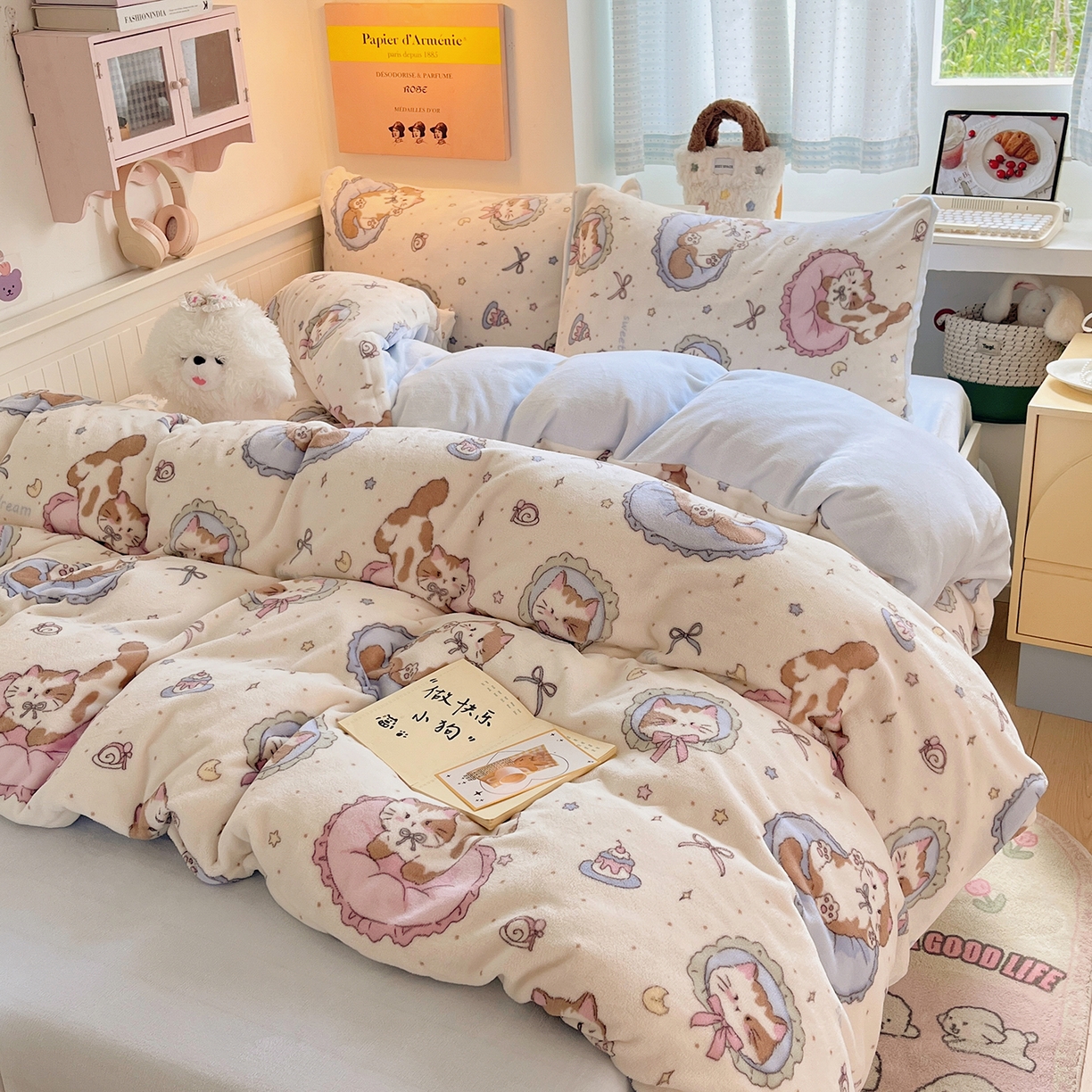 91家纺网 家纺一手货源 找家纺 （总）桃子家居 2025新款A类ins小清新少女奶油卡通可爱加厚牛奶绒四件套