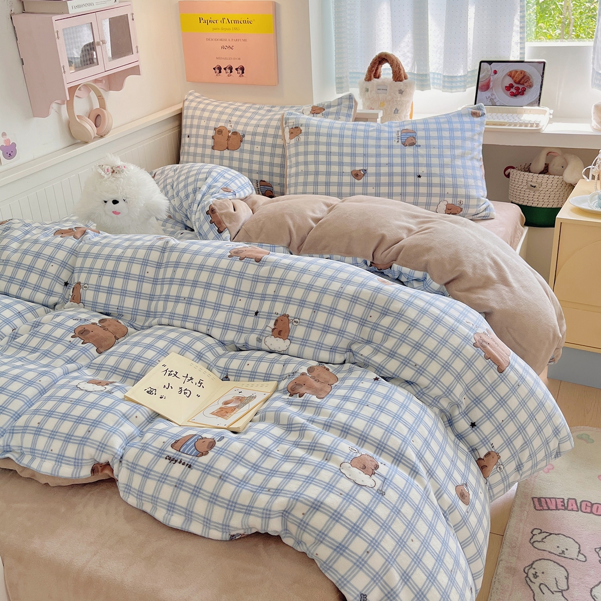 91家纺网 家纺一手货源 找家纺 （总）桃子家居 2025新款A类ins小清新少女奶油卡通可爱加厚牛奶绒四件套