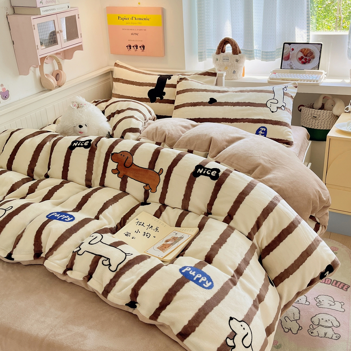 91家纺网 家纺一手货源 找家纺 （总）桃子家居 2025新款A类ins小清新少女奶油卡通可爱加厚牛奶绒四件套