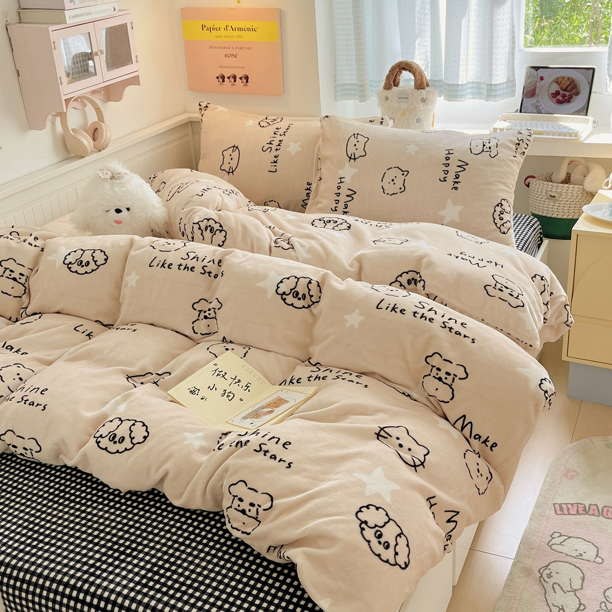 91家纺网 家纺一手货源 找家纺 （总）桃子家居 2025新款A类ins小清新少女奶油卡通可爱加厚牛奶绒四件套