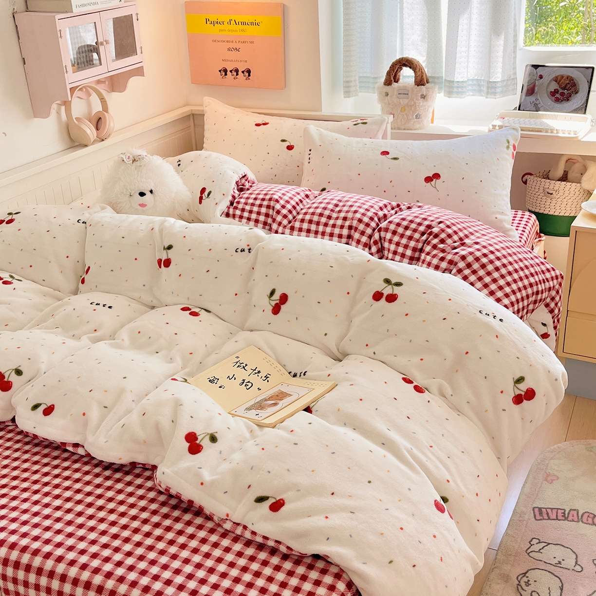 91家纺网 家纺一手货源 找家纺 （总）桃子家居 2025新款A类ins小清新少女奶油卡通可爱加厚牛奶绒四件套