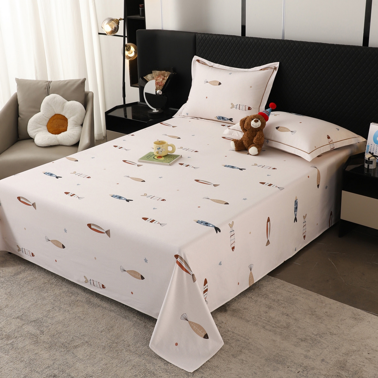 91家纺网 家纺一手货源 找家纺 金盛纺 2025新款全棉纯棉加厚磨毛印花单品床单 床单单件 渔趣