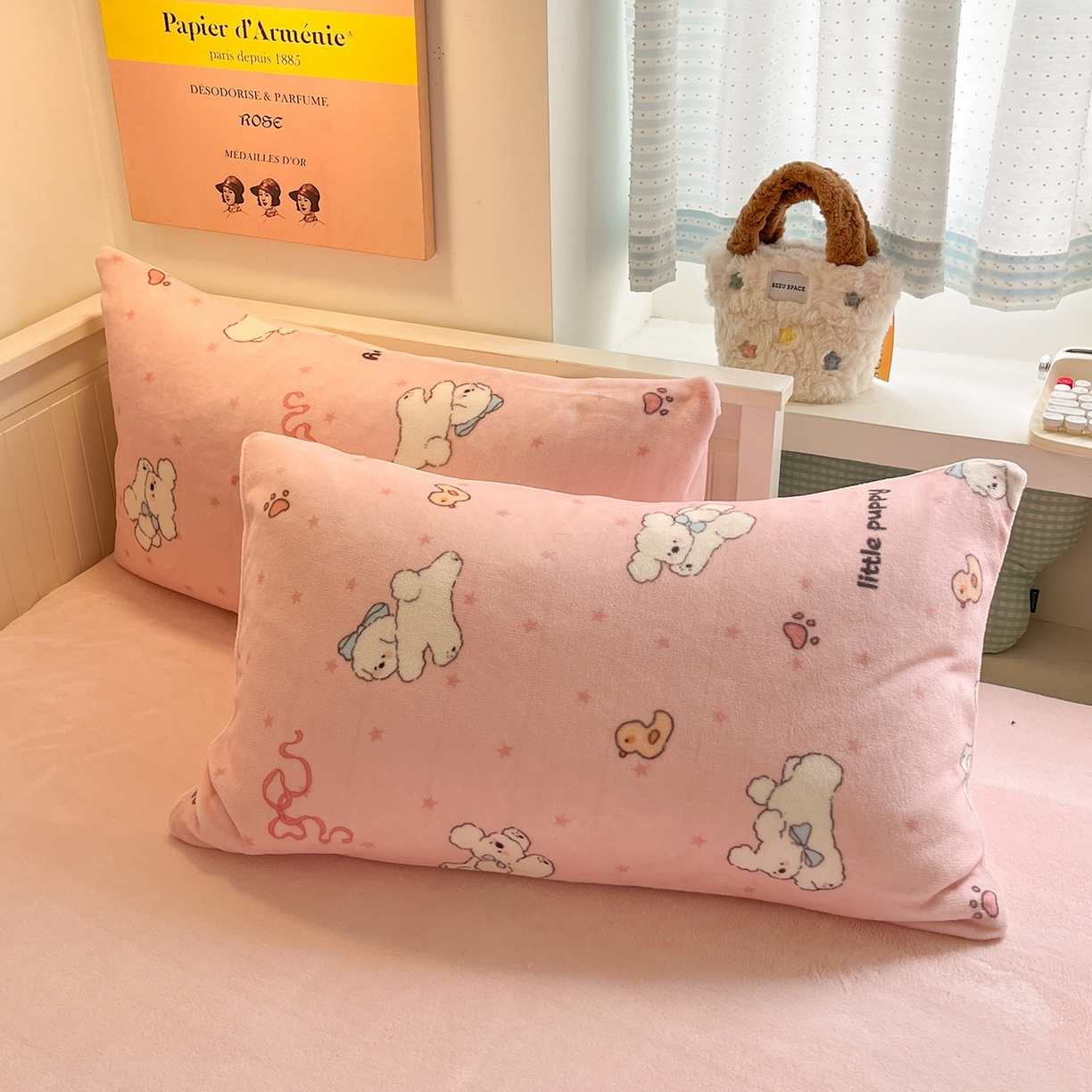 91家纺网 家纺一手货源 找家纺 桃子家居 2025新款A类ins小清新少女奶油卡通可爱加厚牛奶绒四件套 绒-粉小狗