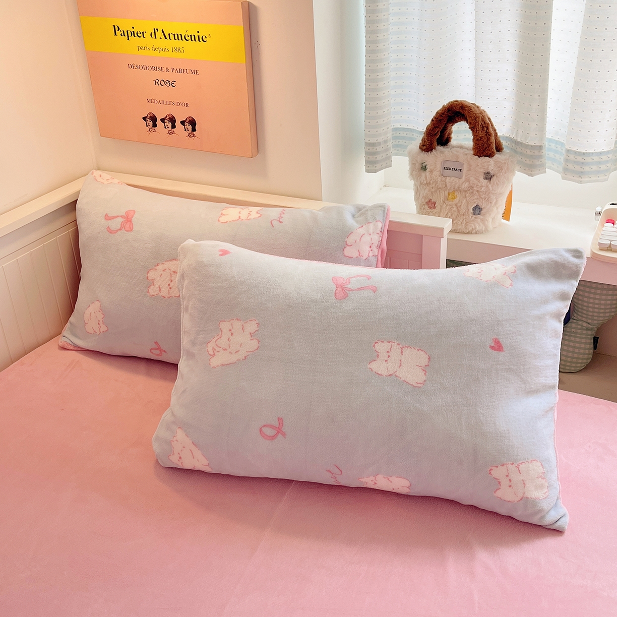 91家纺网 家纺一手货源 找家纺 桃子家居 2025新款A类ins小清新少女奶油卡通可爱加厚牛奶绒四件套 绒-蓝甜心猫咪